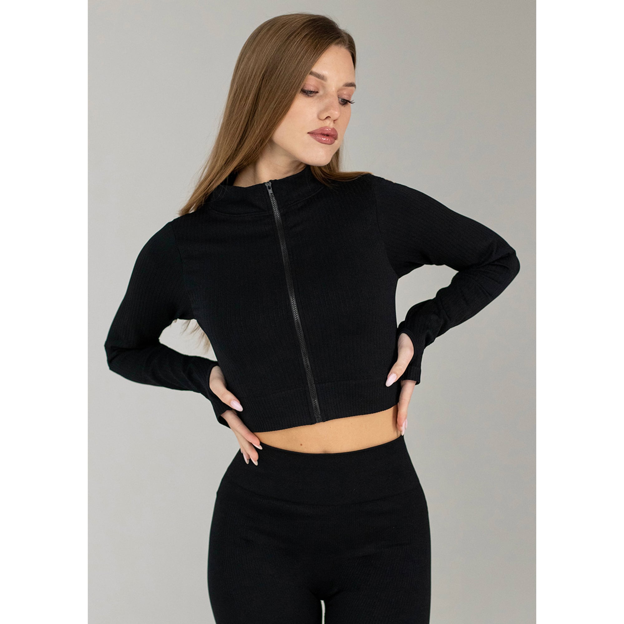 Кроп-кофта жіноча Flexit Flex Crop Zip-Up Active на блискавці з мітенками, Black, розмір L